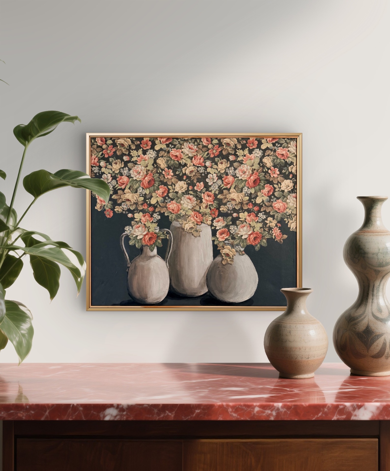 Rosöversvämning - vackert blomstertyg uppspänt på kilram